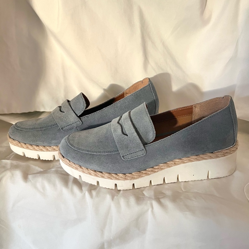 Franco Sarto Sansara blue suede platform loafers